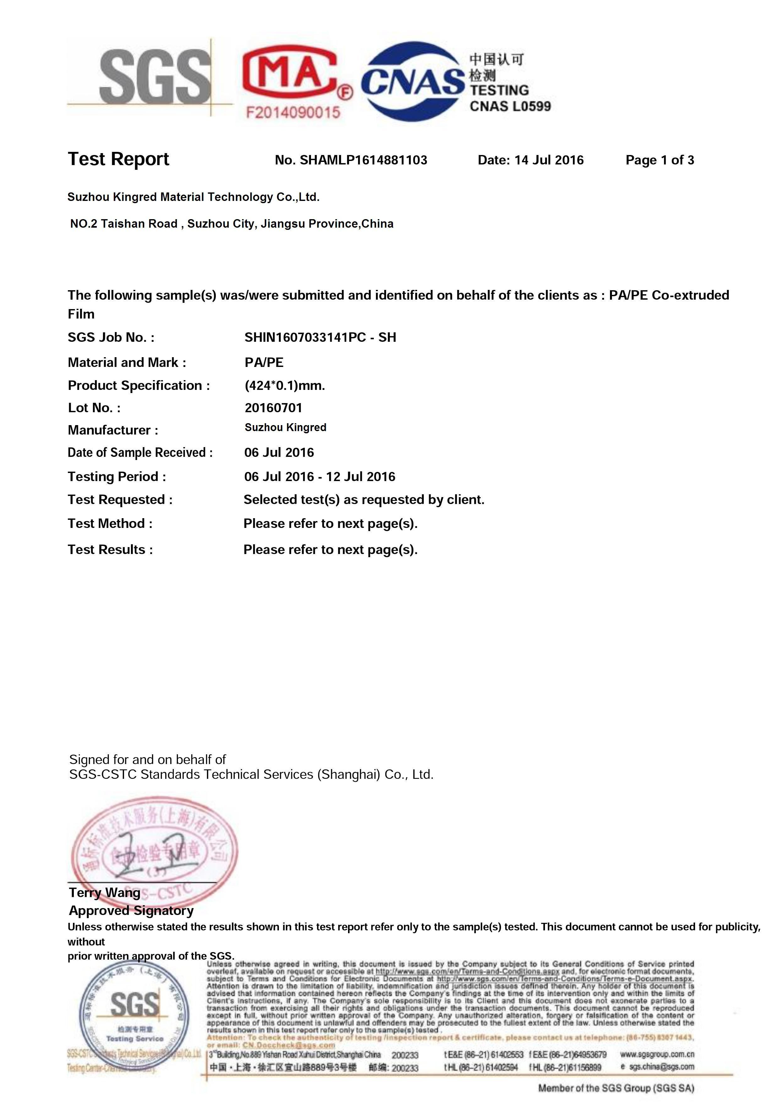 Porcellana Suzhou Kingred Material Technology Co.,Ltd. Certificazioni